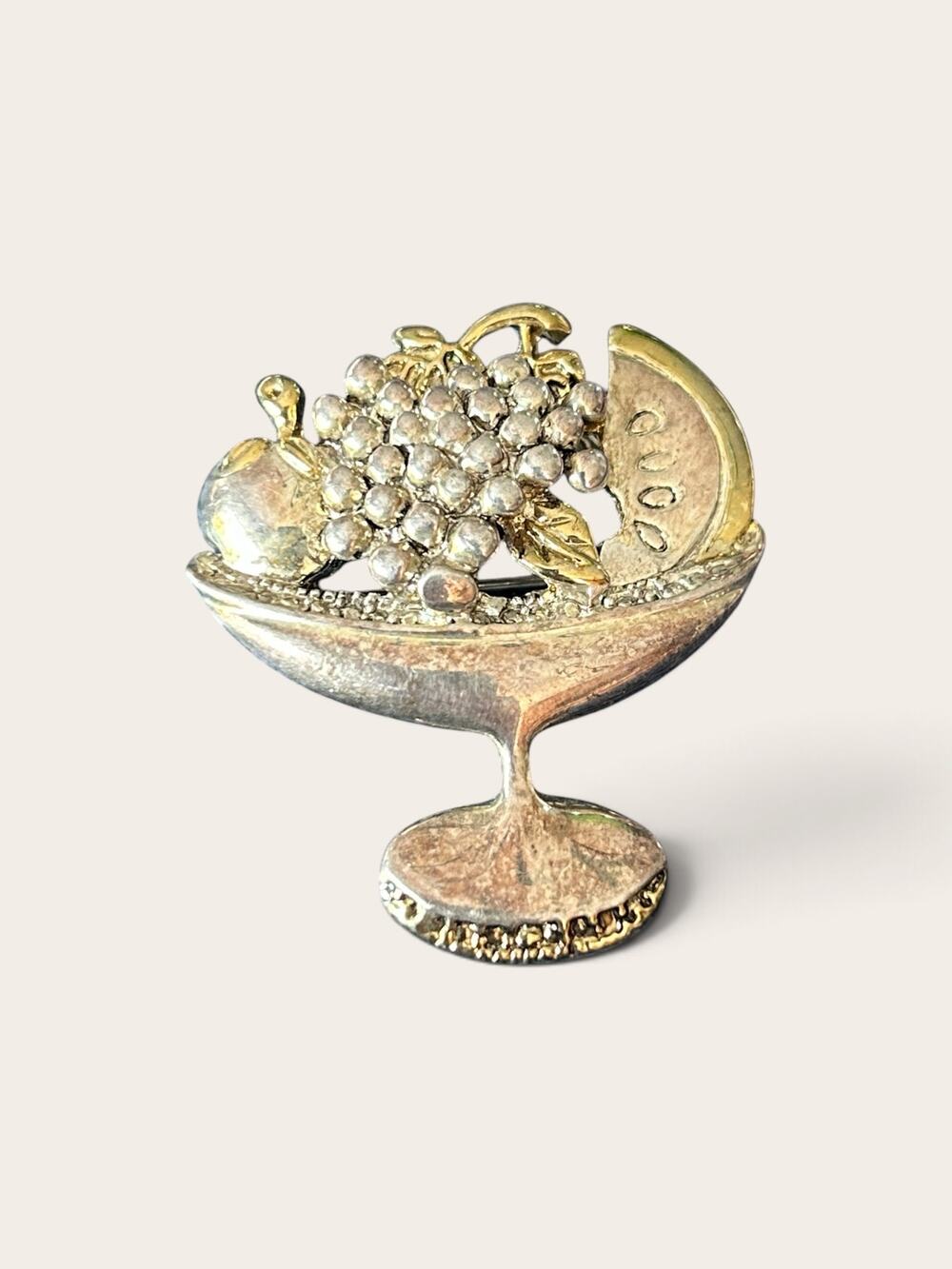 Vintage Gold Tone Fruit Basket Compote Brooch Grapes Apple Pear